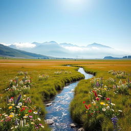 Create an artistic interpretation of a serene landscape, showcasing a vast, open meadow filled with wildflowers under a clear blue sky