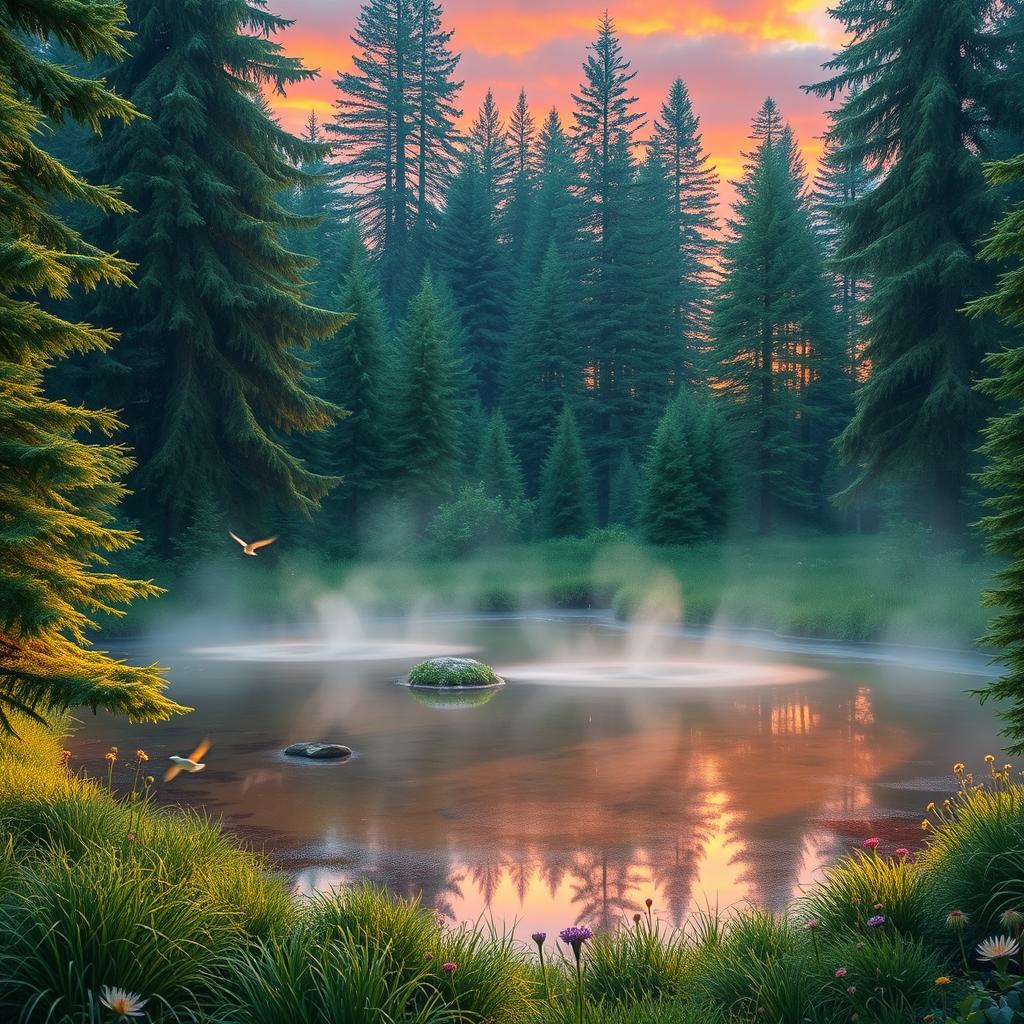 A serene, enchanting scene showcasing a peaceful forest glade at sunrise