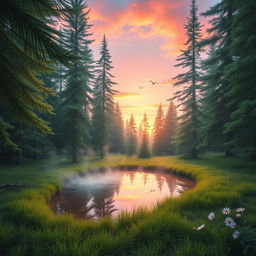 A serene, enchanting scene showcasing a peaceful forest glade at sunrise