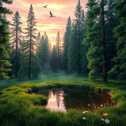 A serene, enchanting scene showcasing a peaceful forest glade at sunrise