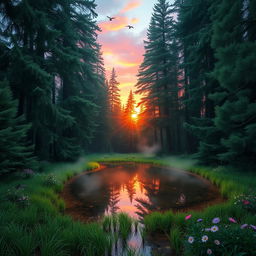 A serene, enchanting scene showcasing a peaceful forest glade at sunrise