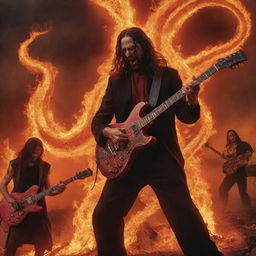 A riveting scene of a divine jam session with a radiant, red Satan intensely playing a snake-embellished electric guitar amidst flames, and Jesus grooving on the drums in a dystopian landscape