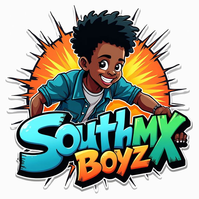 Design an exciting and bold logo for the teen boys clothing line "South MX Boyz," featuring an African American cartoon character in a graffiti style