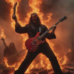 A riveting scene of a divine jam session with a radiant, red Satan intensely playing a snake-embellished electric guitar amidst flames, and Jesus grooving on the drums in a dystopian landscape