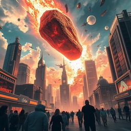 A dynamic scene depicting a futuristic city with towering skyscrapers and advanced technology, as an enormous meteor crashes down from the sky, sending shockwaves through the urban landscape