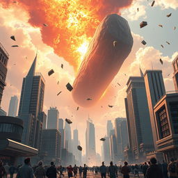 A dynamic scene depicting a futuristic city with towering skyscrapers and advanced technology, as an enormous meteor crashes down from the sky, sending shockwaves through the urban landscape