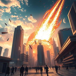 A dynamic scene depicting a futuristic city with towering skyscrapers and advanced technology, as an enormous meteor crashes down from the sky, sending shockwaves through the urban landscape