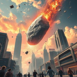 A dynamic scene depicting a futuristic city with towering skyscrapers and advanced technology, as an enormous meteor crashes down from the sky, sending shockwaves through the urban landscape