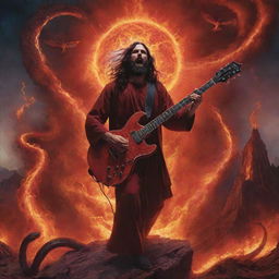 A cosmic jam session with Jesus pulsating on the drums while a radiant, red Satan shreds on a snake-embellished electric guitar amidst a fiery dystopian landscape.