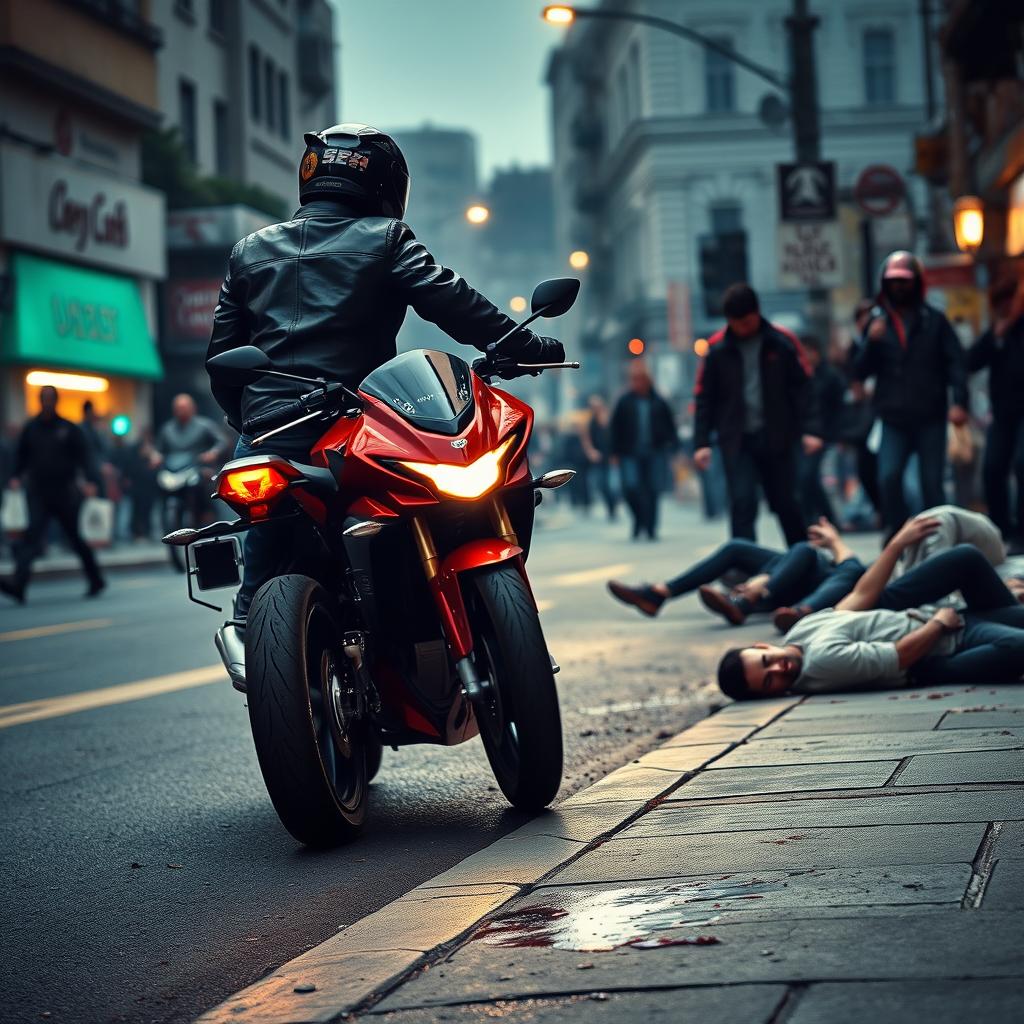 A tense and dramatic scene on a street where a motorcyclist speeds by