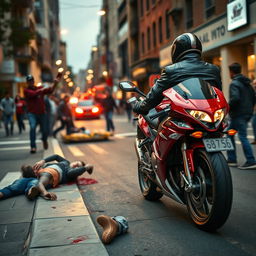 A tense and dramatic scene on a street where a motorcyclist speeds by