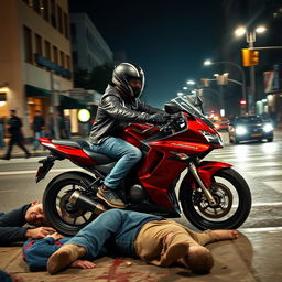 A tense and dramatic scene on a street where a motorcyclist speeds by