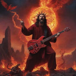 A cosmic jam session with Jesus pulsating on the drums while a radiant, red Satan shreds on a snake-embellished electric guitar amidst a fiery dystopian landscape.