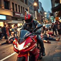 A tense and dramatic scene on a street where a motorcyclist speeds by