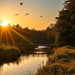 A serene landscape featuring a calm river flowing through a lush forest