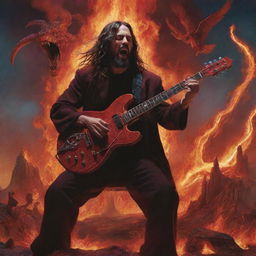 A cosmic jam session with Jesus pulsating on the drums while a radiant, red Satan shreds on a snake-embellished electric guitar amidst a fiery dystopian landscape.