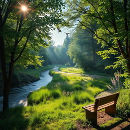 A lush green forest with sun rays peeking through the trees, birds flying in the sky, a serene river flowing gently beside a walking path leading to a hidden clearing with wildflowers