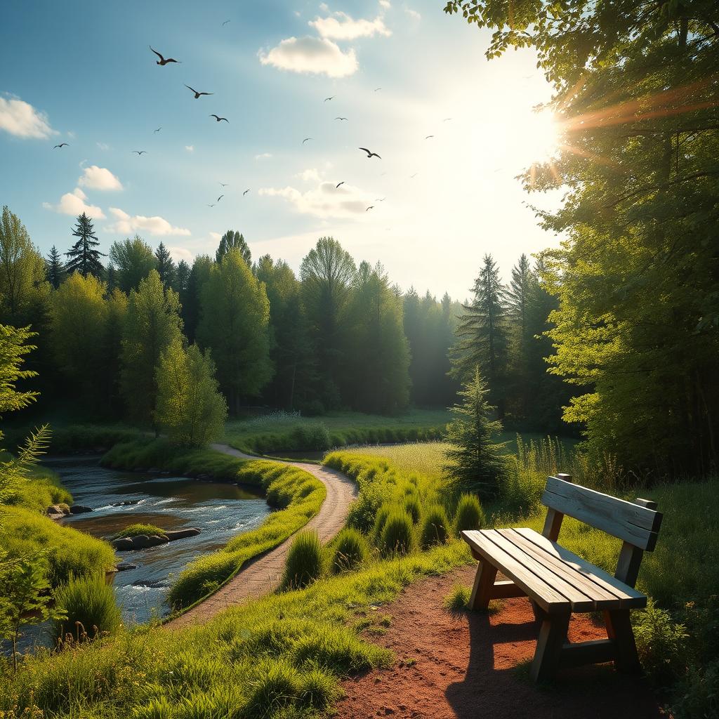 A lush green forest with sun rays peeking through the trees, birds flying in the sky, a serene river flowing gently beside a walking path leading to a hidden clearing with wildflowers