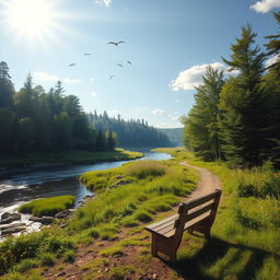 A lush green forest with sun rays peeking through the trees, birds flying in the sky, a serene river flowing gently beside a walking path leading to a hidden clearing with wildflowers