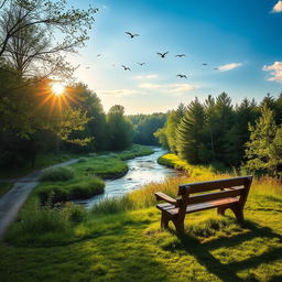 A lush green forest with sun rays peeking through the trees, birds flying in the sky, a serene river flowing gently beside a walking path leading to a hidden clearing with wildflowers