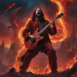 A cosmic jam session with Jesus pulsating on the drums while a radiant, red Satan shreds on a snake-embellished electric guitar amidst a fiery dystopian landscape.