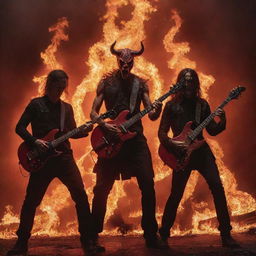 A scene of an electrifying performance with two radiant, red Satans, one intensely playing a snake-embellished electric guitar amidst flames and the other grooving on the drums in a blazing dystopian landscape.