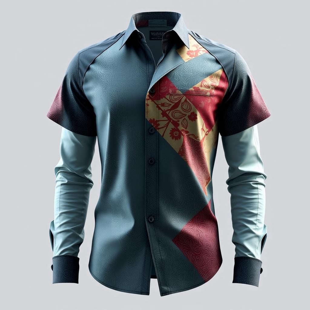 A futuristic men's shirt design that is innovative and not yet on the market, featuring asymmetrical patterns, a blend of modern fabrics like smart textiles that change color based on mood or temperature, and incorporating elements of traditional Indonesian batik in a reinvented abstract style