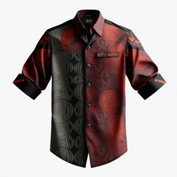 A futuristic men's shirt design that is innovative and not yet on the market, featuring asymmetrical patterns, a blend of modern fabrics like smart textiles that change color based on mood or temperature, and incorporating elements of traditional Indonesian batik in a reinvented abstract style