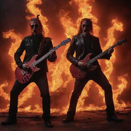 A scene of an electrifying performance with two radiant, red Satans, one intensely playing a snake-embellished electric guitar amidst flames and the other grooving on the drums in a blazing dystopian landscape.