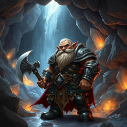 A fantasy scene of a dwarf standing confidently in a cave, surrounded by shimmering crystals