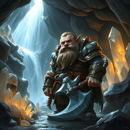 A fantasy scene of a dwarf standing confidently in a cave, surrounded by shimmering crystals