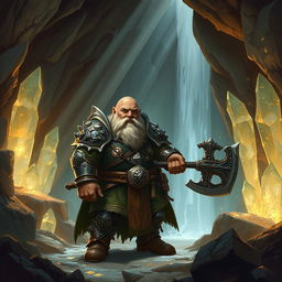 A fantasy scene of a dwarf standing confidently in a cave, surrounded by shimmering crystals