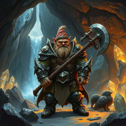 A fantasy scene of a dwarf standing confidently in a cave, surrounded by shimmering crystals