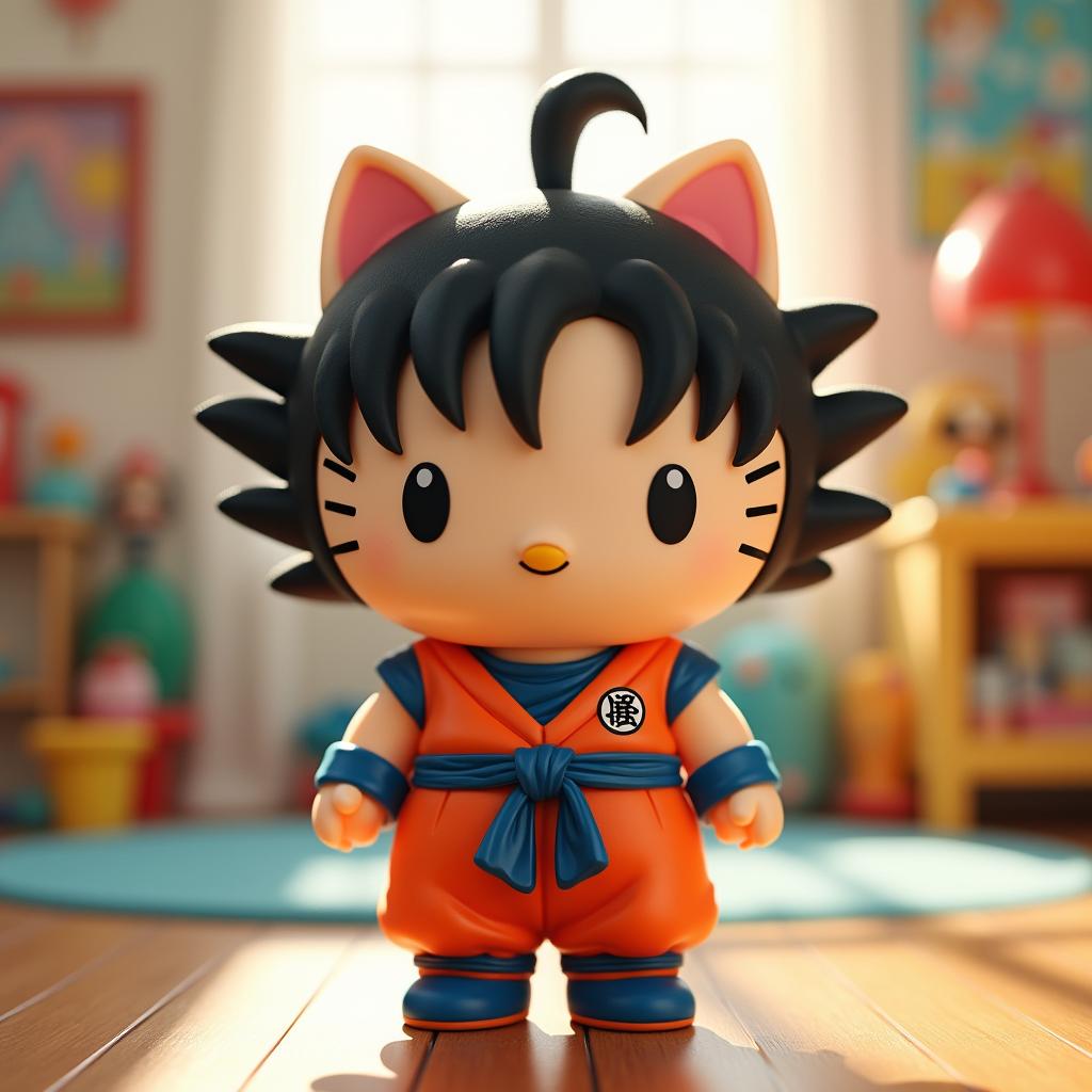 A cute Hello Kitty doll designed with the characteristics of Goku from Dragon Ball