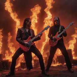 A scene of an electrifying performance with two radiant, red Satans, one intensely playing a snake-embellished electric guitar amidst flames and the other grooving on the drums in a blazing dystopian landscape.