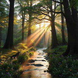 A mystical forest at dawn, with sunlight breaking through the dense canopy illuminating the vibrant greenery and tall ancient trees