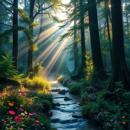 A mystical forest at dawn, with sunlight breaking through the dense canopy illuminating the vibrant greenery and tall ancient trees