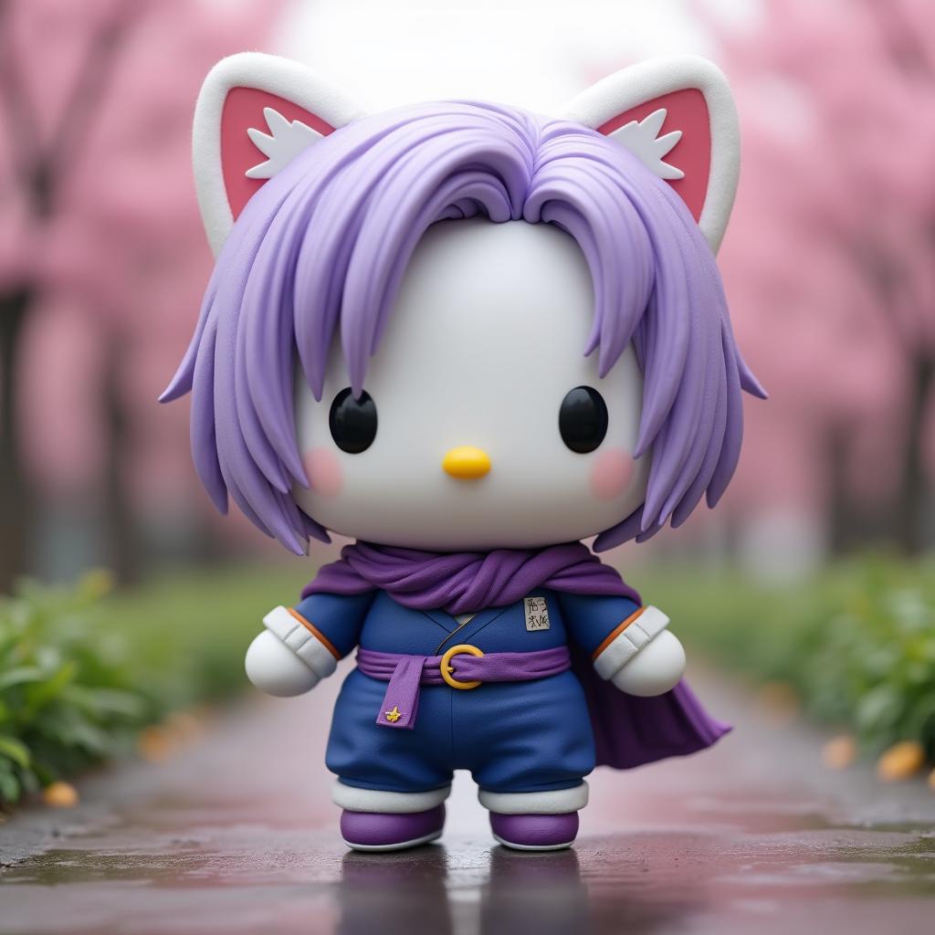 An adorable Hello Kitty doll styled with the characteristics of Future Trunks from Dragon Ball