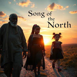 An old black man, a teenage emo black girl, and a little black girl walking together towards the stunning sunset, offering a sense of hope and connection