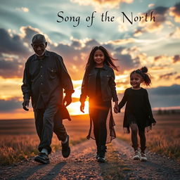 An old black man, a teenage emo black girl, and a little black girl walking together towards the stunning sunset, offering a sense of hope and connection