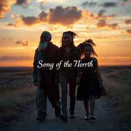 An old black man, a teenage emo black girl, and a little black girl walking together towards the stunning sunset, offering a sense of hope and connection