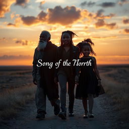 An old black man, a teenage emo black girl, and a little black girl walking together towards the stunning sunset, offering a sense of hope and connection