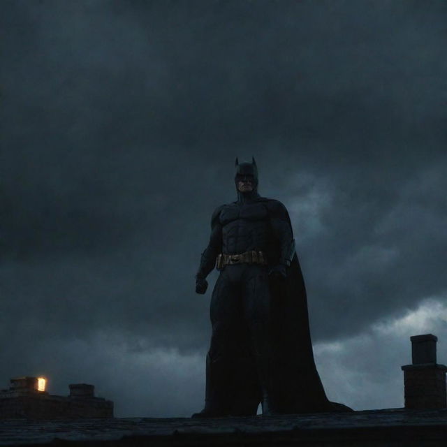 Batman standing on a rooftop at night, looking into the sky where the Aniz logo is illuminated by spotlights against the dark clouds