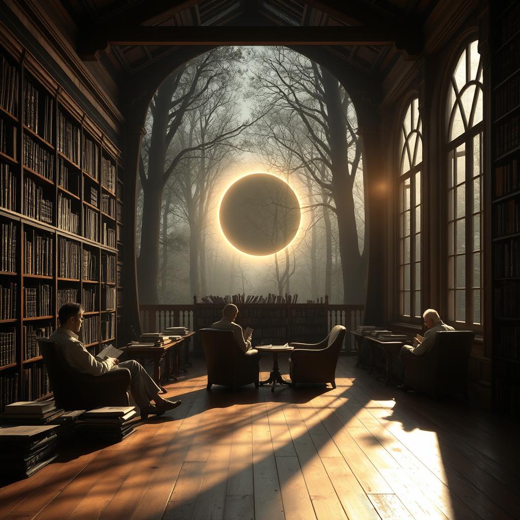 A serene and enchanting scene of an eclipse viewed from a tranquil library