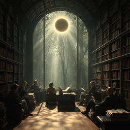 A serene and enchanting scene of an eclipse viewed from a tranquil library