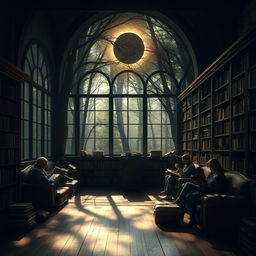 A serene and enchanting scene of an eclipse viewed from a tranquil library