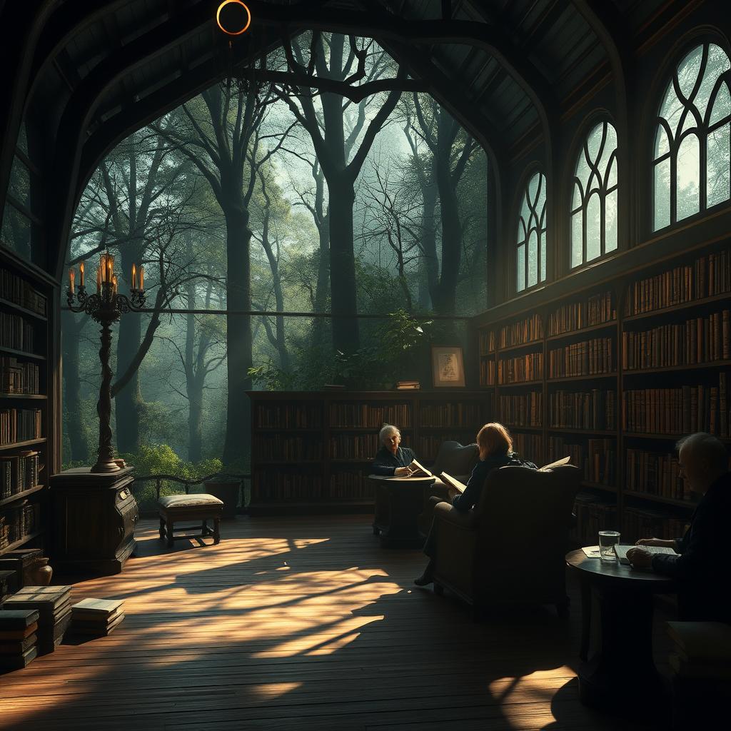 A serene and enchanting scene of an eclipse viewed from a tranquil library