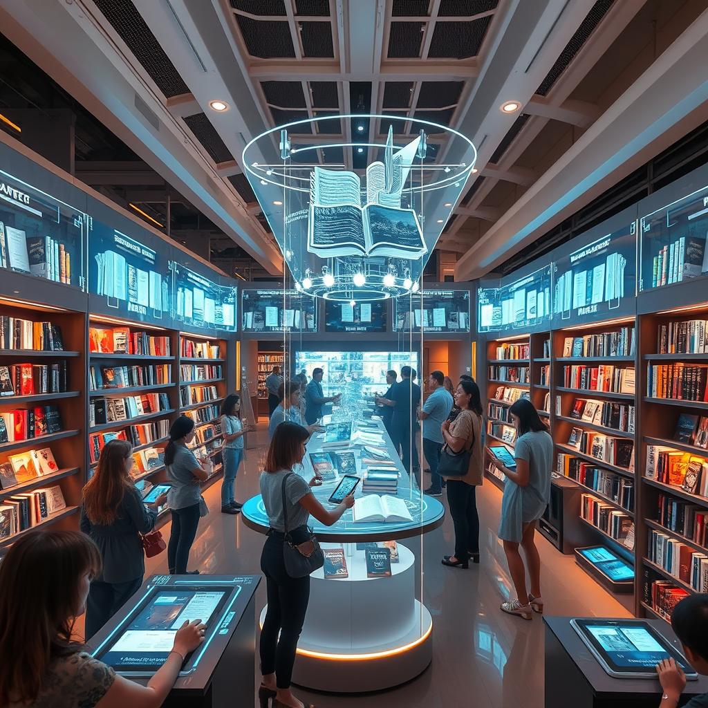 A futuristic digital bookstore with holographic book displays and virtual shelves filled with e-books and digital works