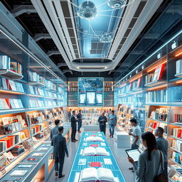 A futuristic digital bookstore with holographic book displays and virtual shelves filled with e-books and digital works