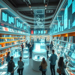 A futuristic digital bookstore with holographic book displays and virtual shelves filled with e-books and digital works